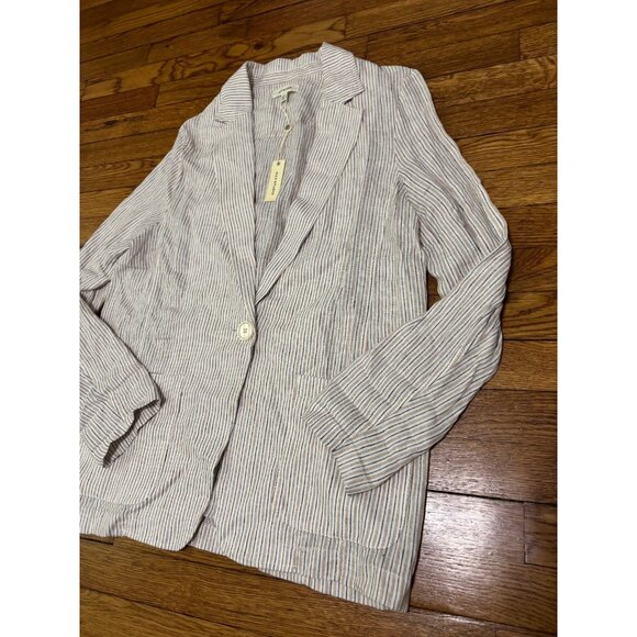 Max Studio Womens Jacket Sz Large White Striped Linen 1 Button Blazer NWT $118 - Picture 3 of 7